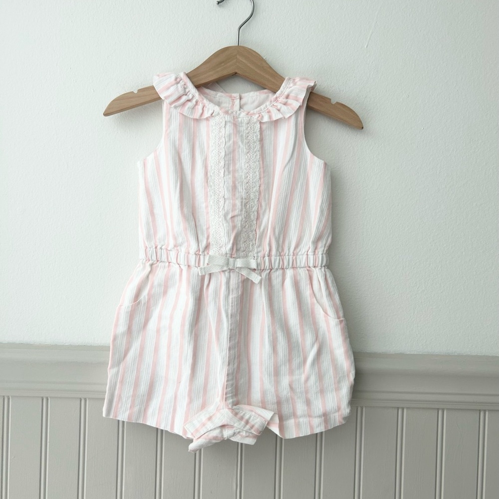 Janie and Jack Baby 18-24 Months Pink and White Striped Cotton Romper